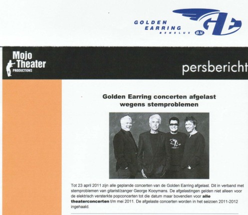 Mojo press release cancelled Golden Earring shows